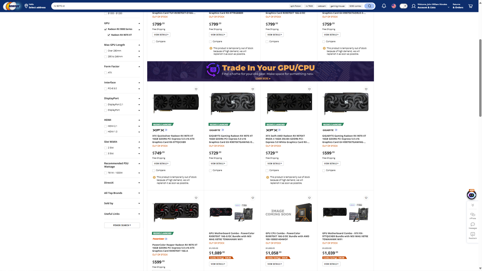 out of stock AMD RX 9070XT on newegg