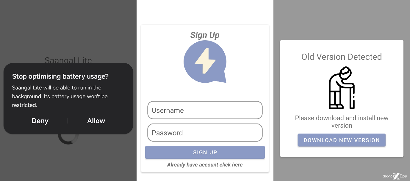 Three screenshots taken on a mobile phone, arranged in a row. The first is a dialogue message asking the user if they want to stop optimising battery usage. The second is a login screen. The third is a dialogue telling users they are using an old version and providing a download link to download a new version