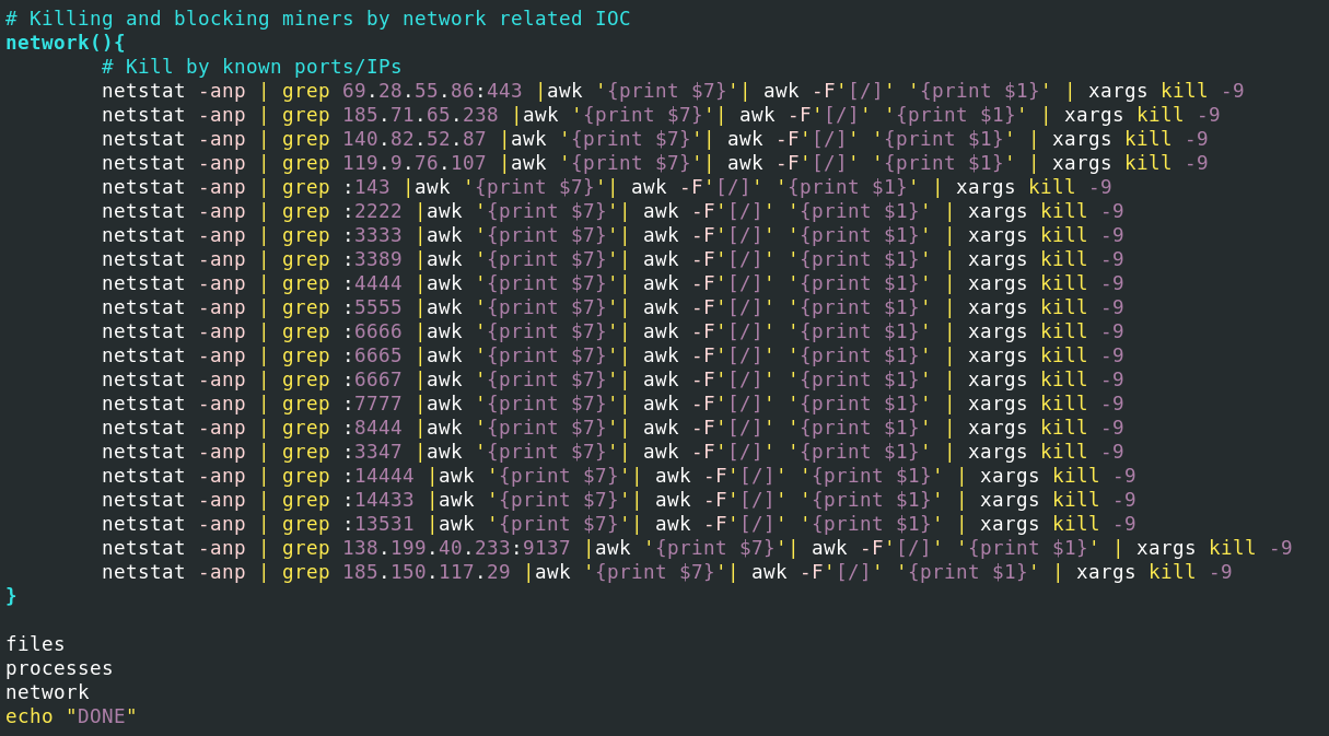 Routine for killing and blocking known miners