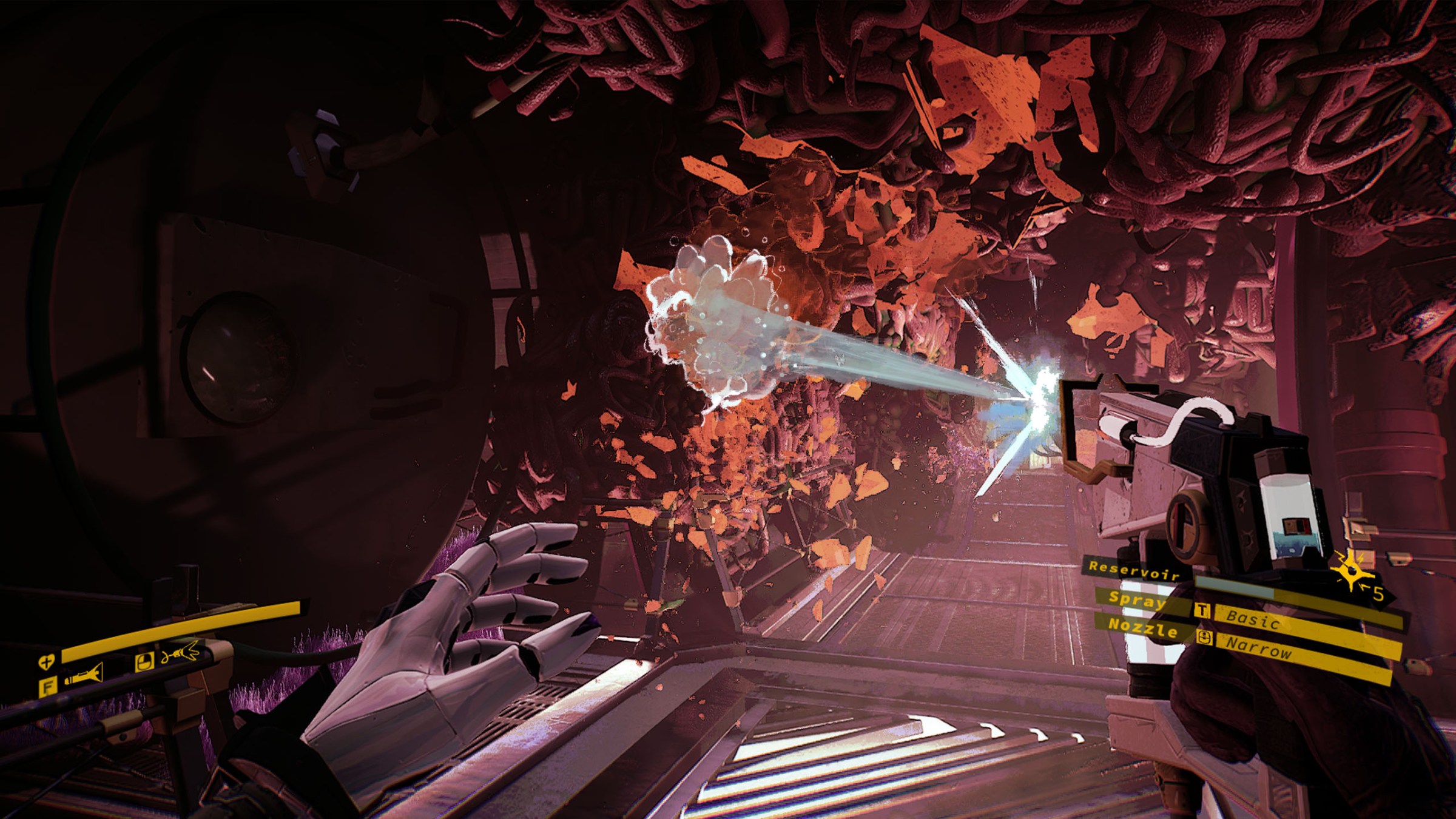 The protagonist of Ambrosia Sky shoots her water gun at a bunch of fungus on the wall of a space station