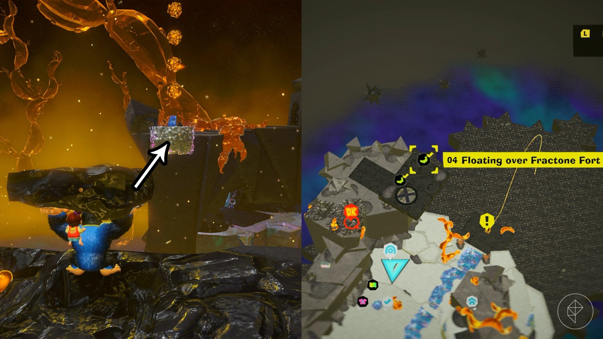 An arrow points to a shifty block with DK getting ready to throw a chunk at it in Donkey Kong Bananza.