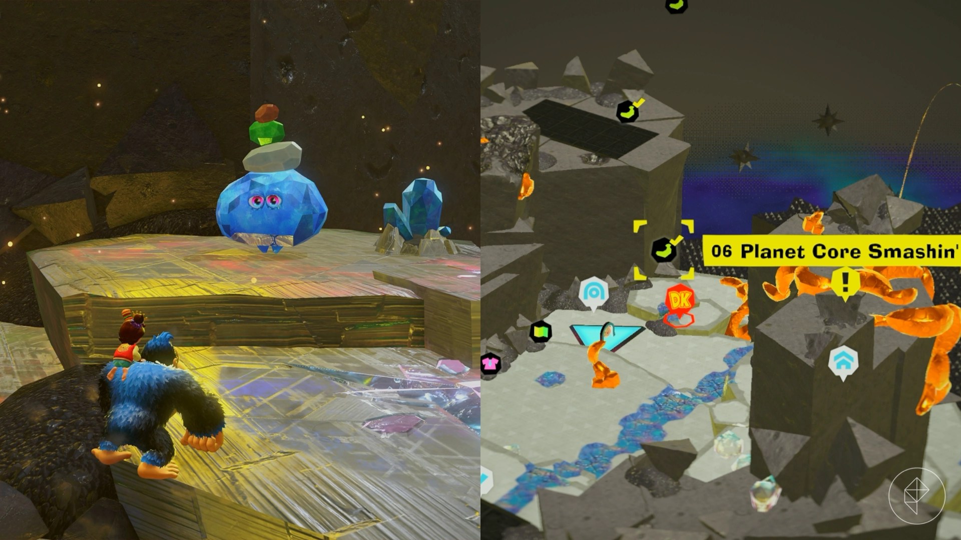 DK approaches Smashintone on the Planet Core layer in Donkey Kong Bananza.