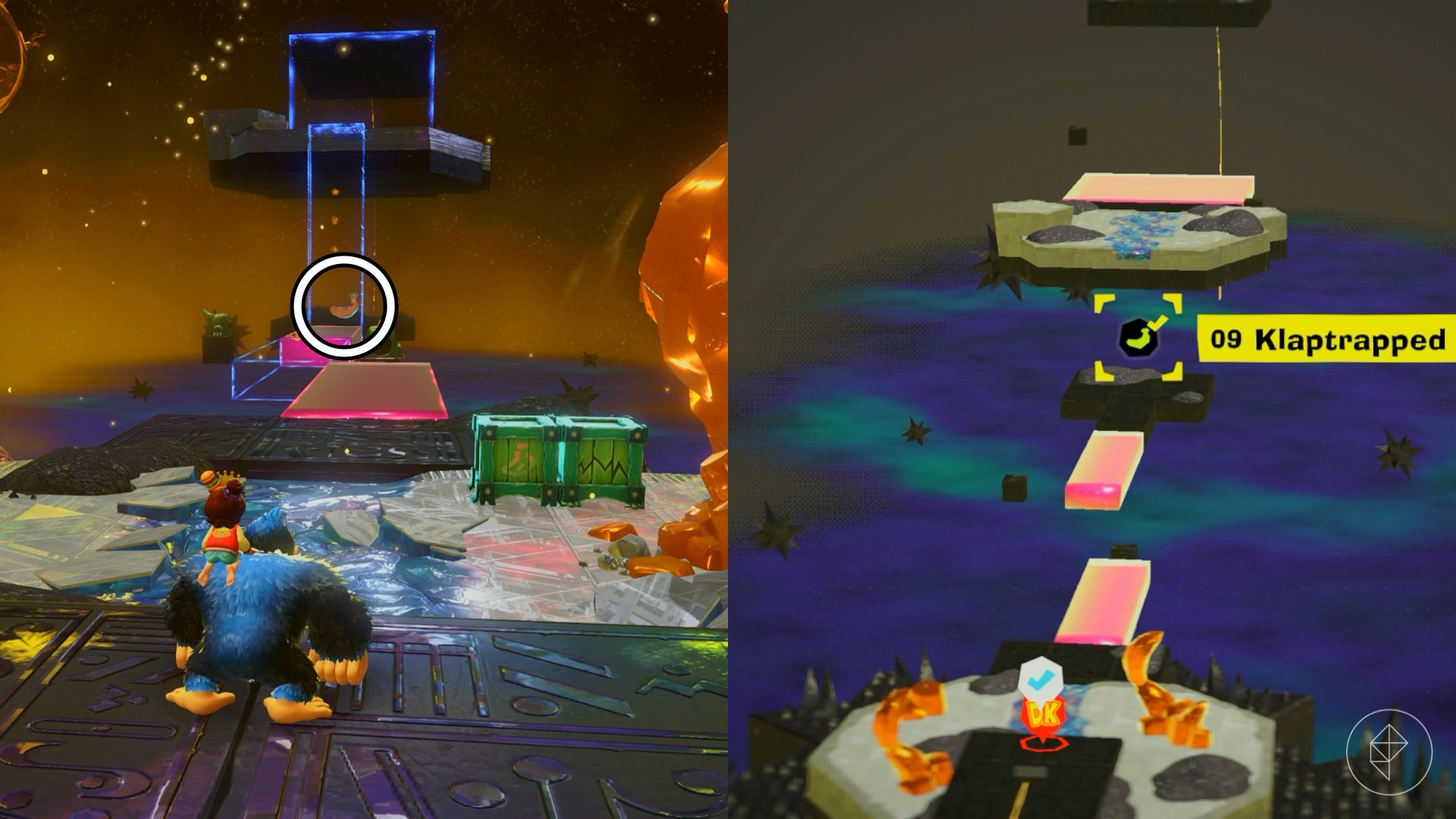 A circle shows a crystal banana past some goo platforms in Donkey Kong Bananza
