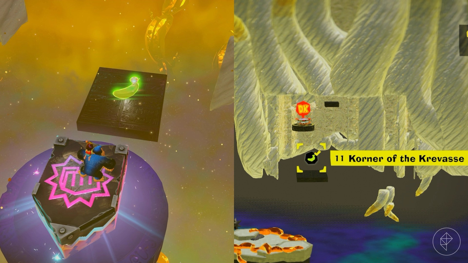 DK stomps on a explosive switch revealing a single banana on a floating platform in Donkey Kong Bananza.