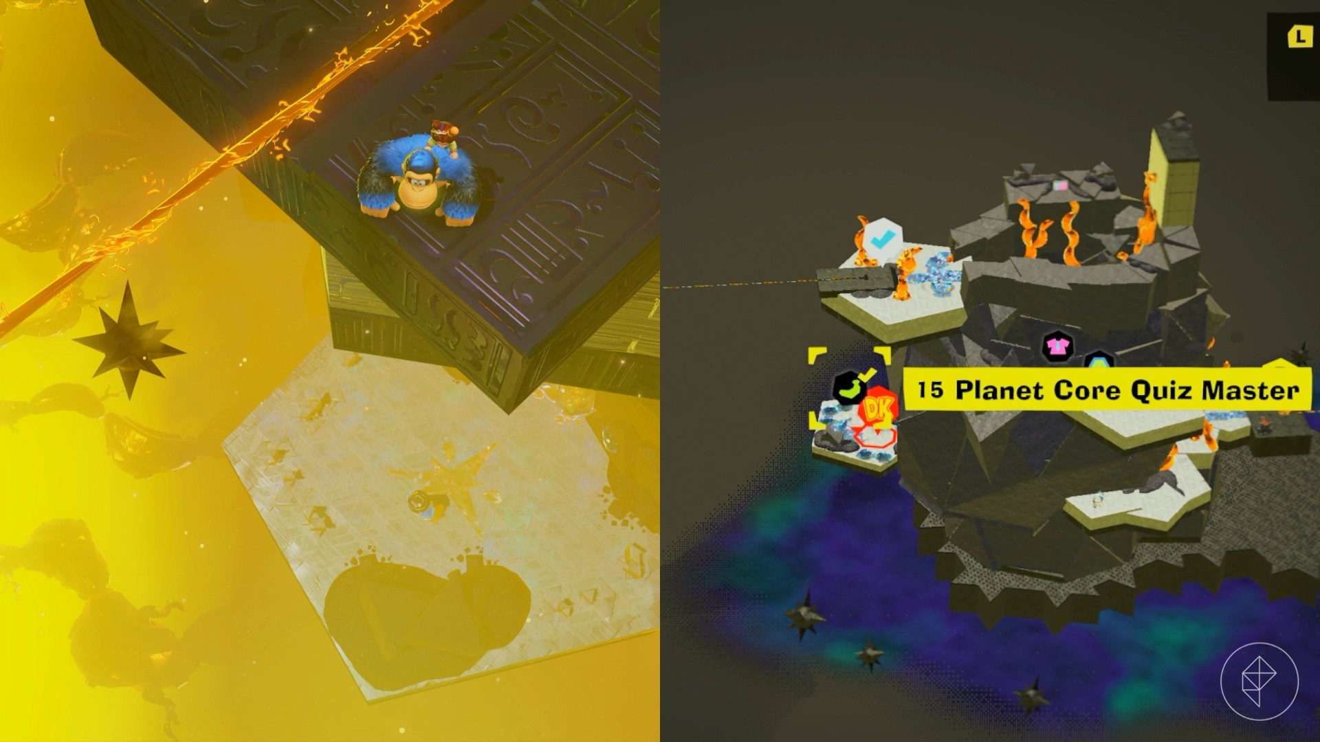 DK overlooks a large jump downwards past a minecart path in Donkey Kong Bananza