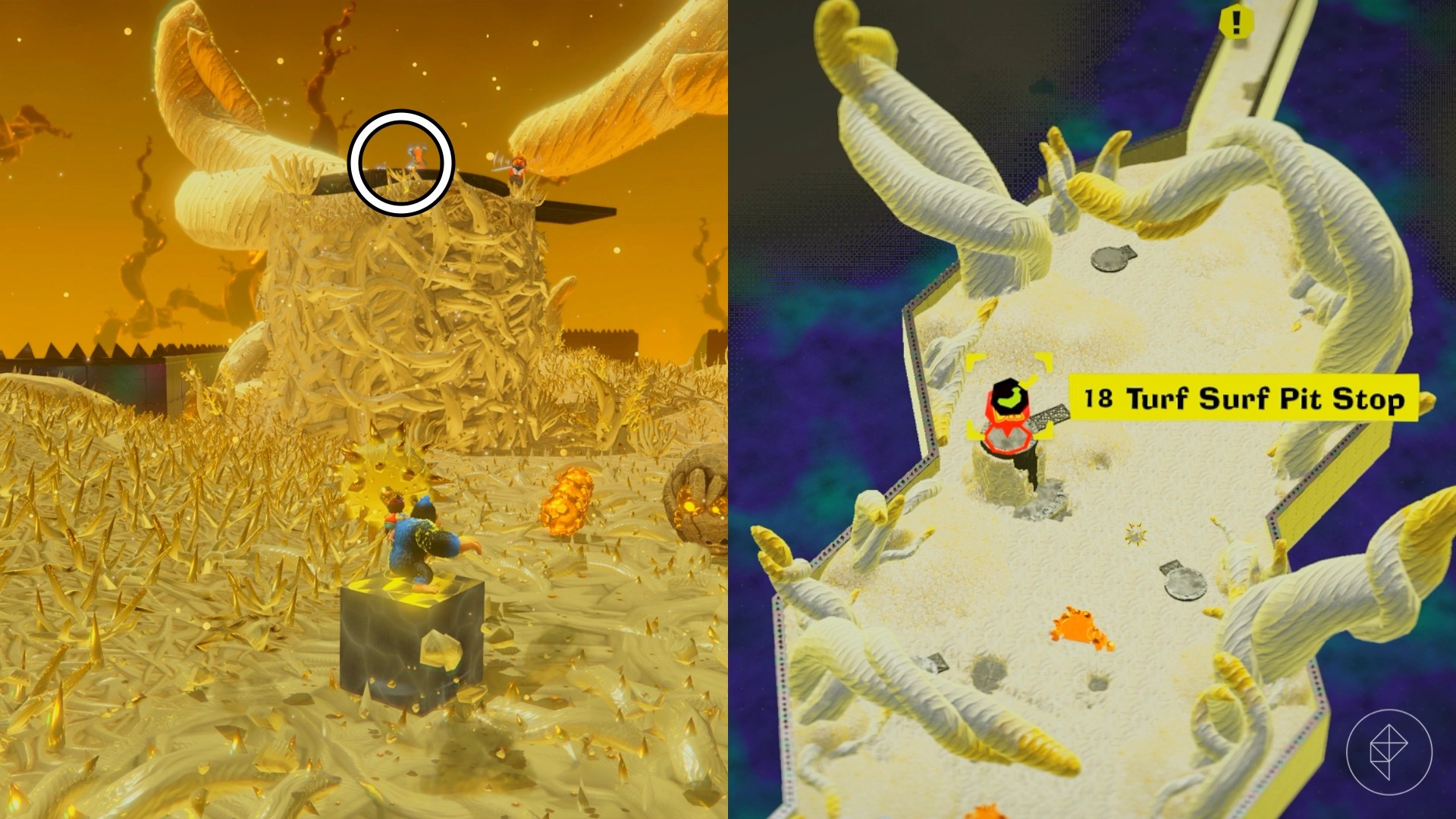 A banana sits on top of a platform surrounded by white thorns and vines in Donkey Kong Bananza