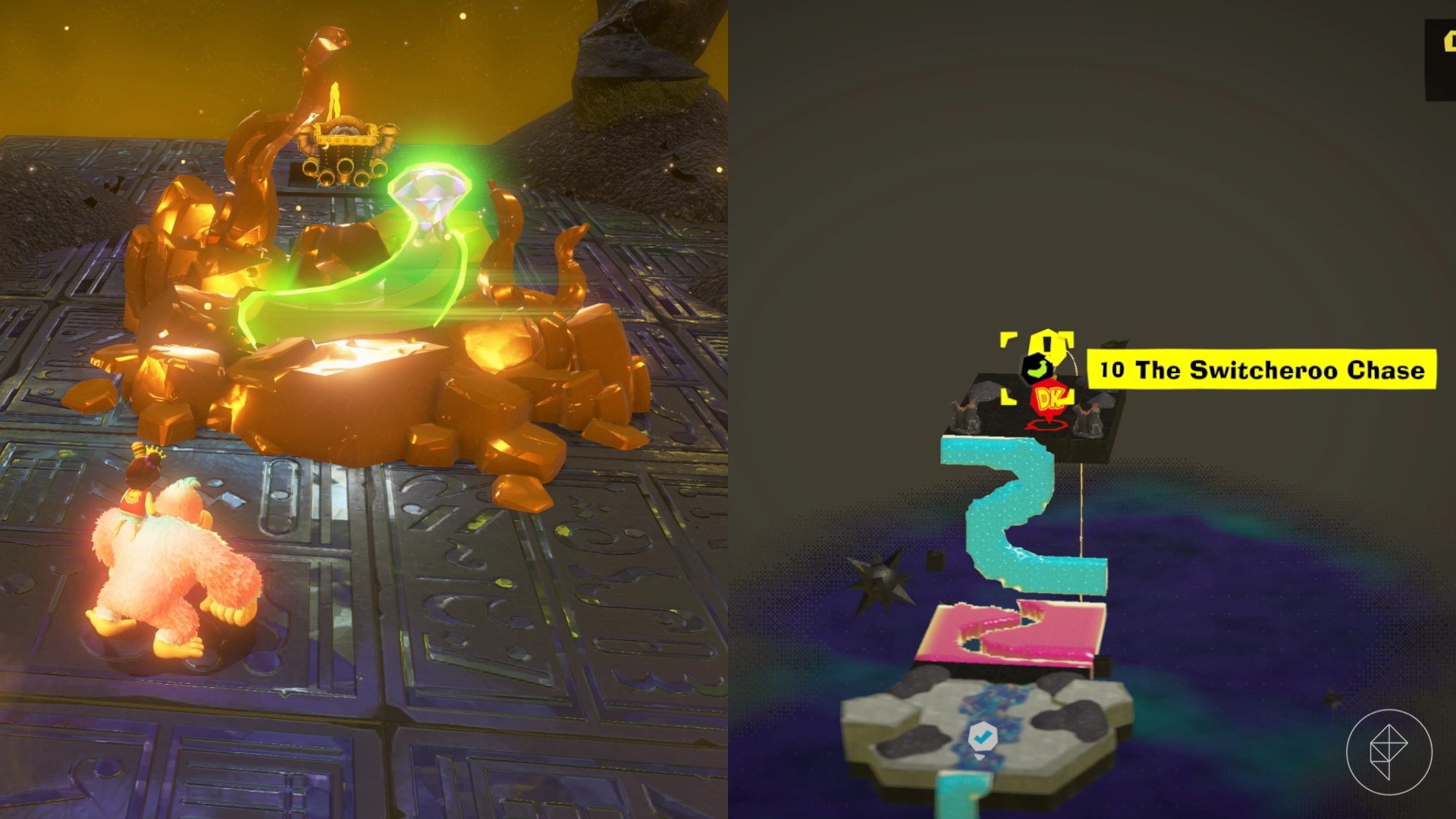 DK approaches a banana surrounded by gold on top of a goo tower in Donkey Kong Bananaza.