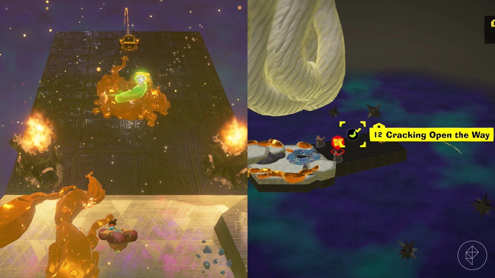 DK approaches a banana surrounded by gold at the end of a vine-filled pathway in Donkey Kong Bananza.