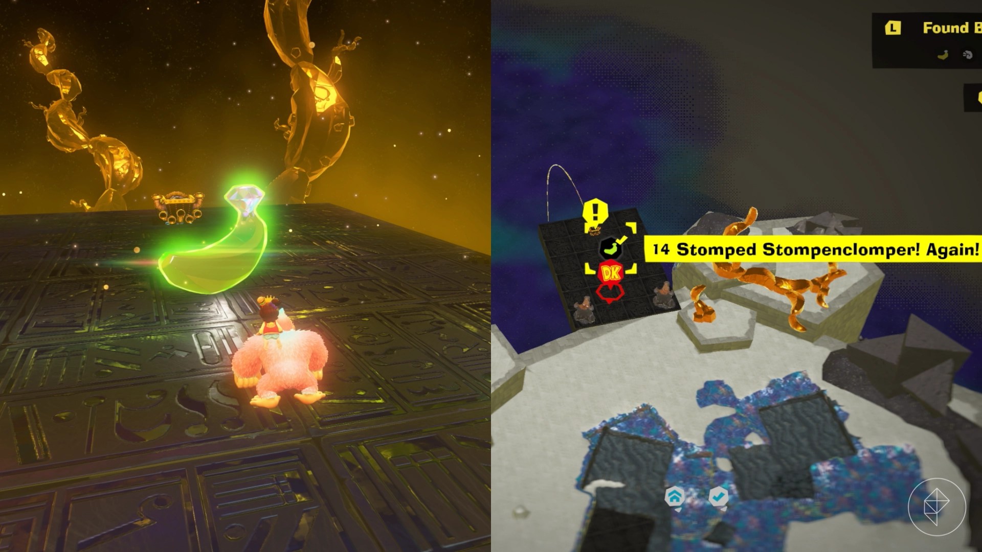 DK and Pauline by a glowing banana after a clear battle with something square-shaped in Donkey Kong Bananza.