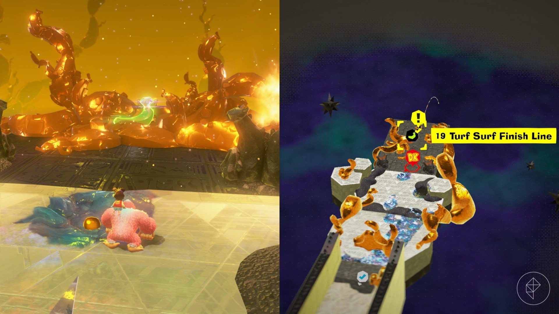 DK approaches yet another banana surrounded by gold after finishing a lengthy Turf Surfing section in Donkey Kong Bananza.