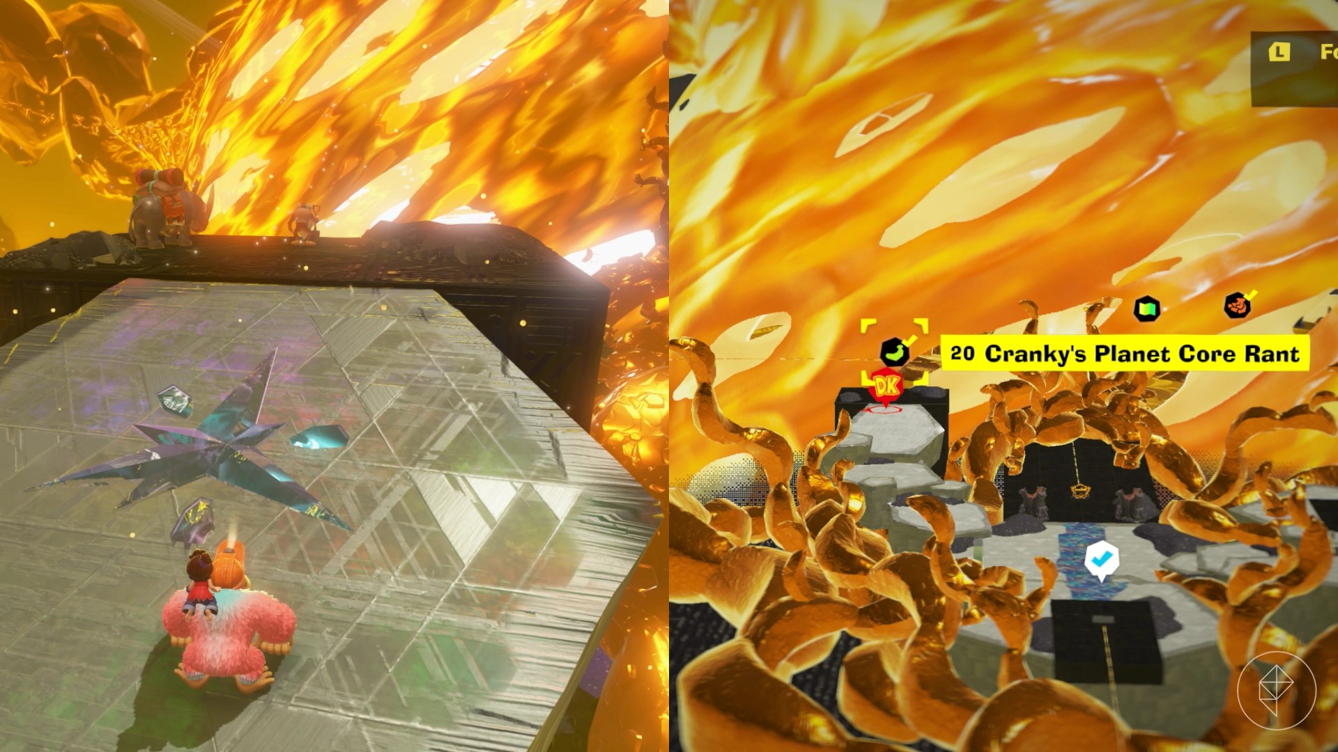 DK approaches Cranky Kong, overlooking the core of the planet in Donkey Kong Bananza.