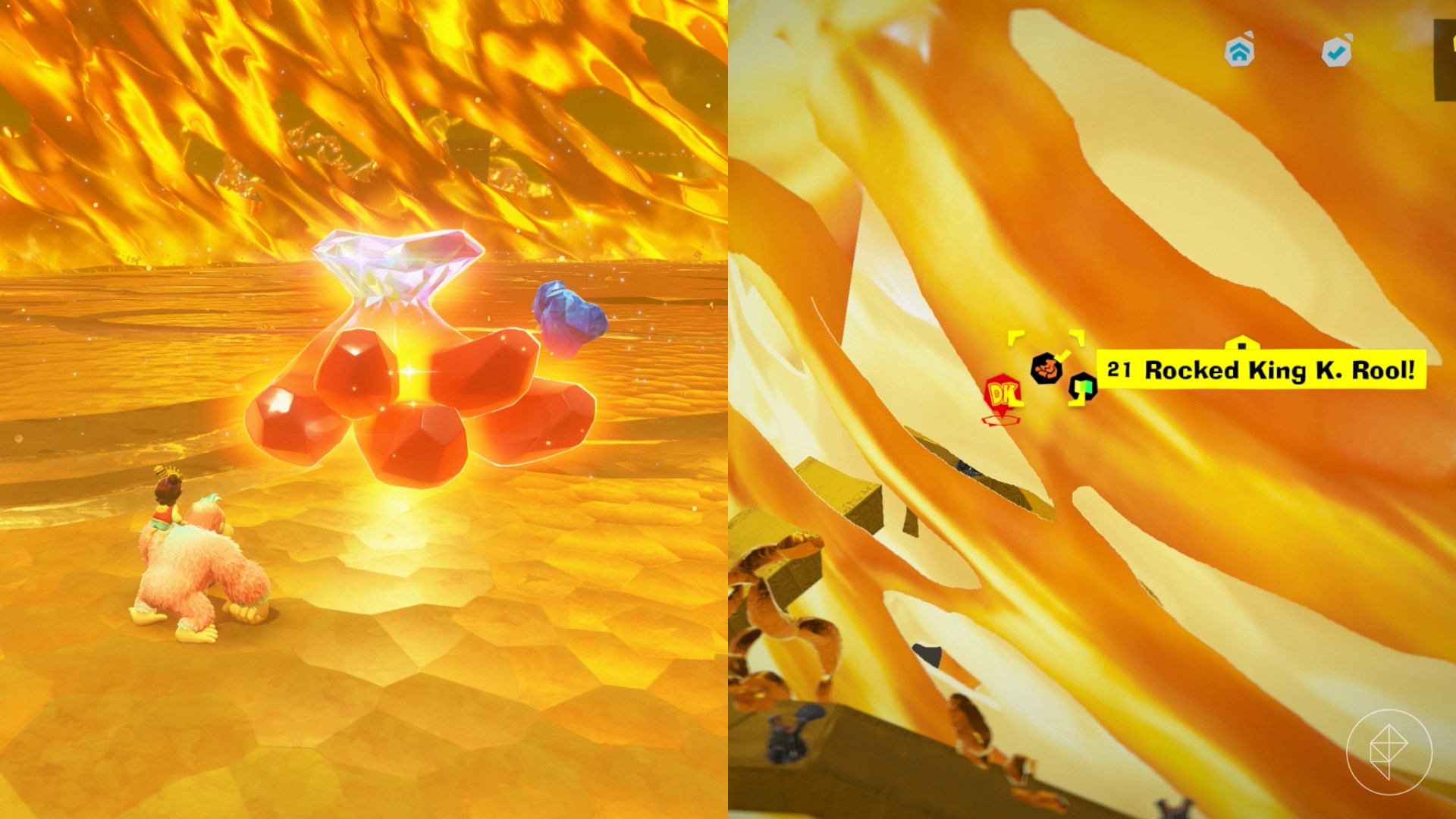 DK approaches a bunch of red bananas surrounded by gold in the planet’s true core in Donkey Kong Bananza.
