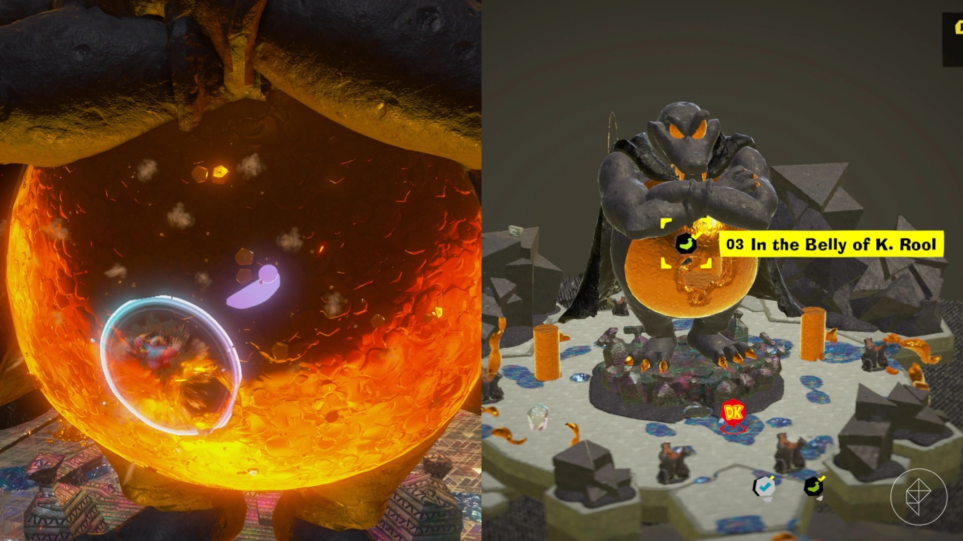 DK uses his Hand Slap sonar on a giant statue of K. Rool in Donkey Kong Bananza.