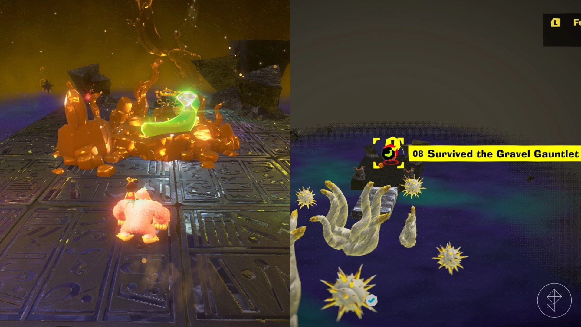 DK approaches a banana encased in gold at the end of a gravel path in Donkey Kong Bananza