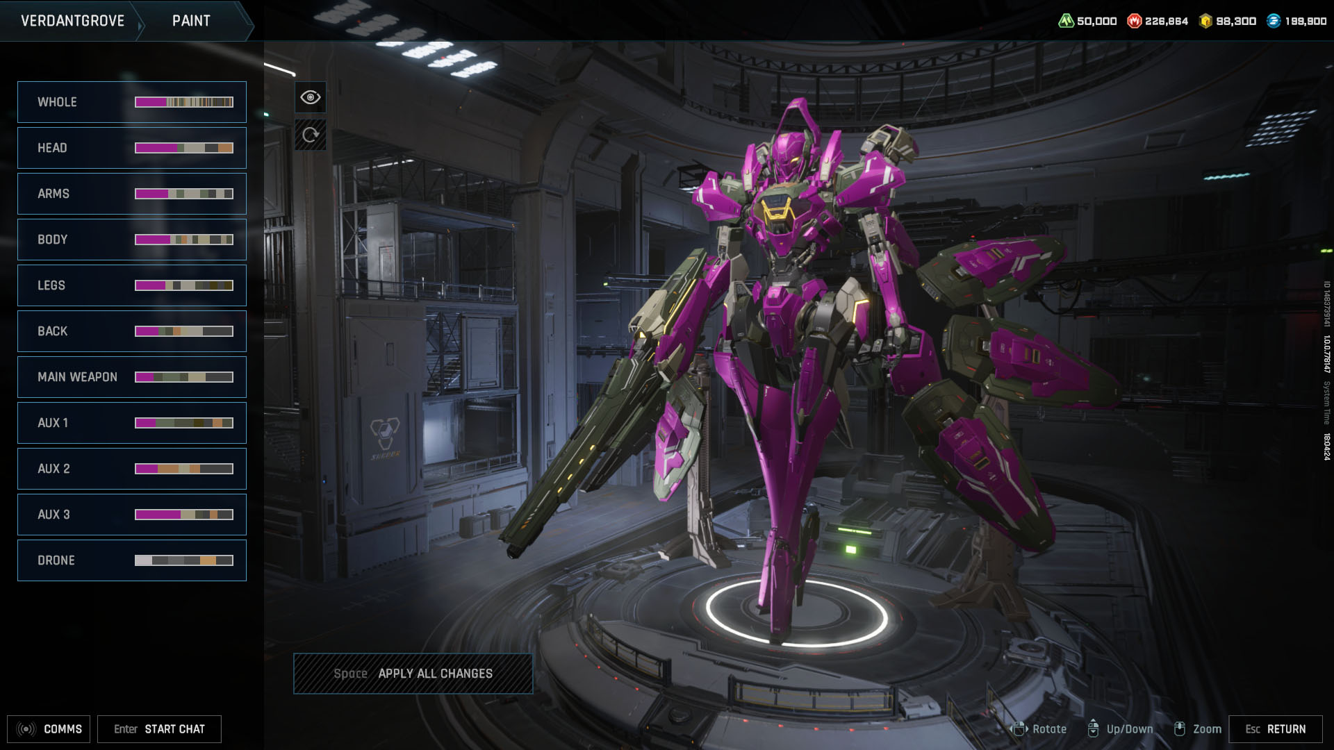 A Mecha Break screenshot showing all the parts players can paint when customizing their strikers.