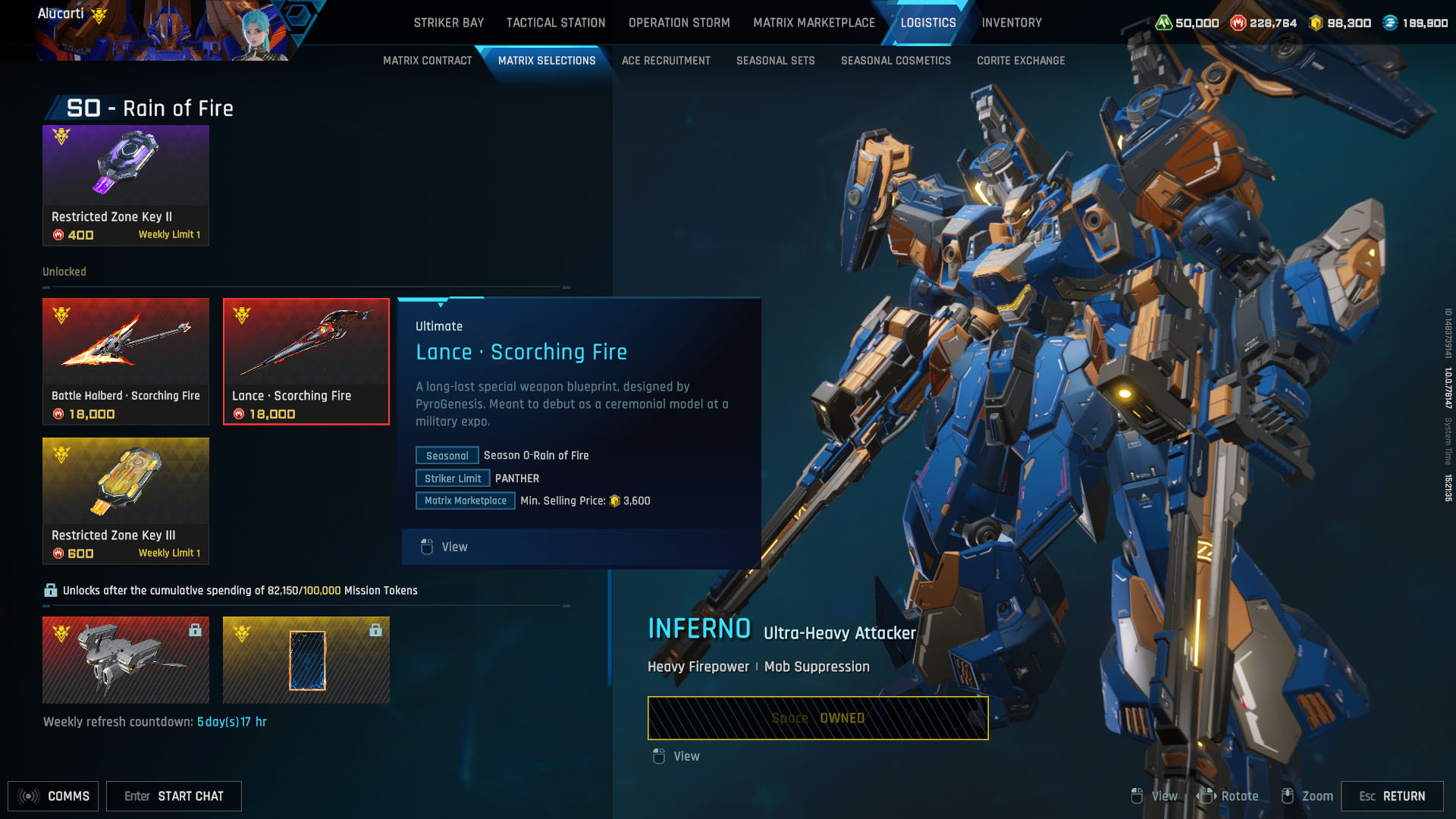A Mecha Break screenshot showing the Logistics menu, where players can buy skins and patterns.
