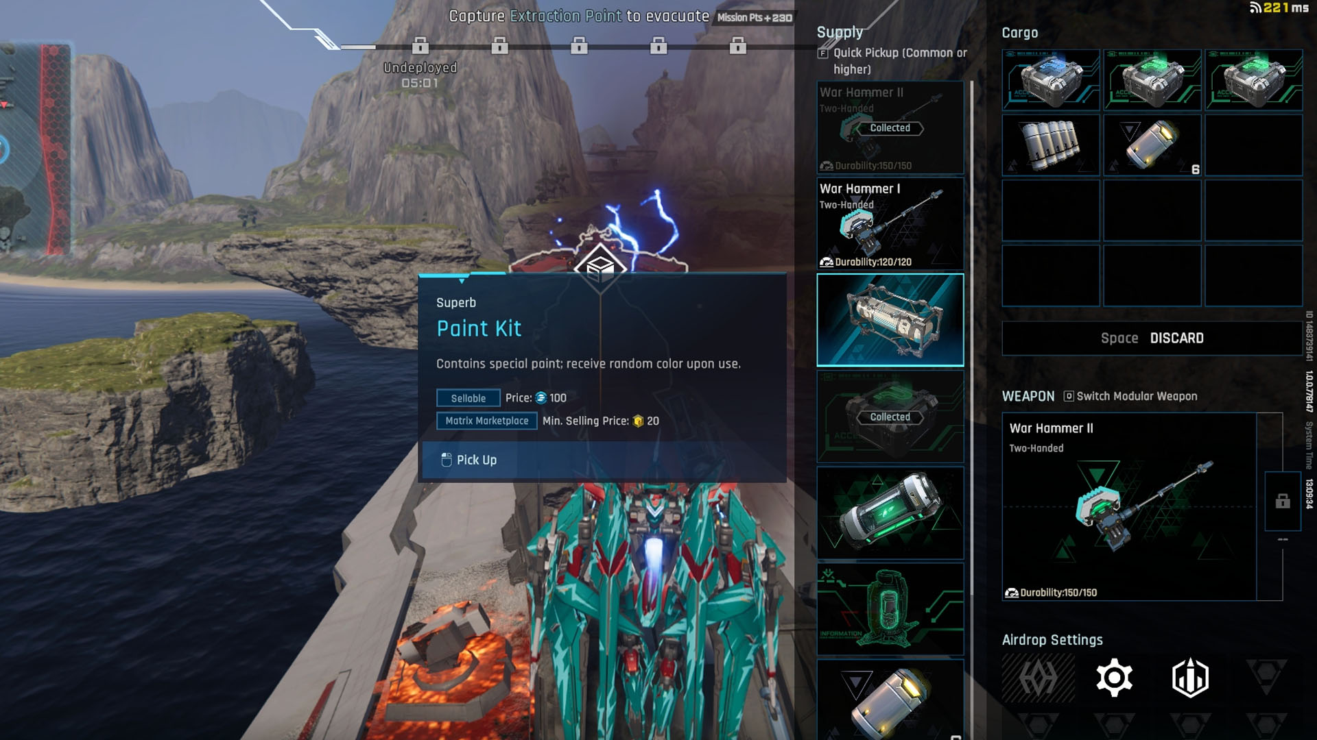 A Mecha Break screenshot showing a mecha in an extraction mission looting an enemy who has a Paint Kit.
