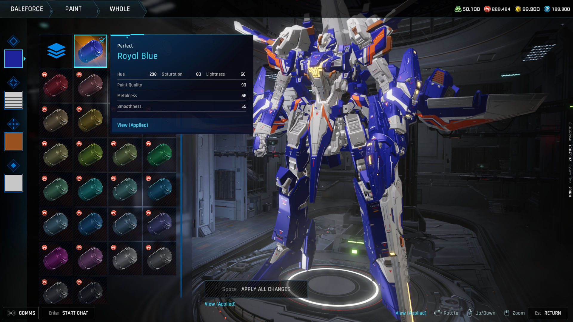 A Mecha Break screenshot showing a mecha painted in blue and the color “Royal Blue” being selected.