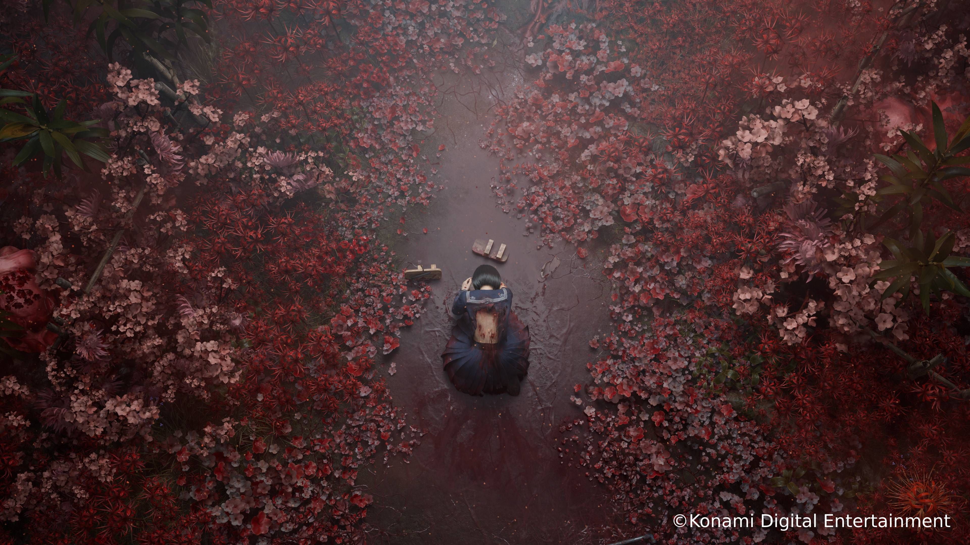Hinako crouches, wounded, amid red flowers in a screenshot from Silent Hill f