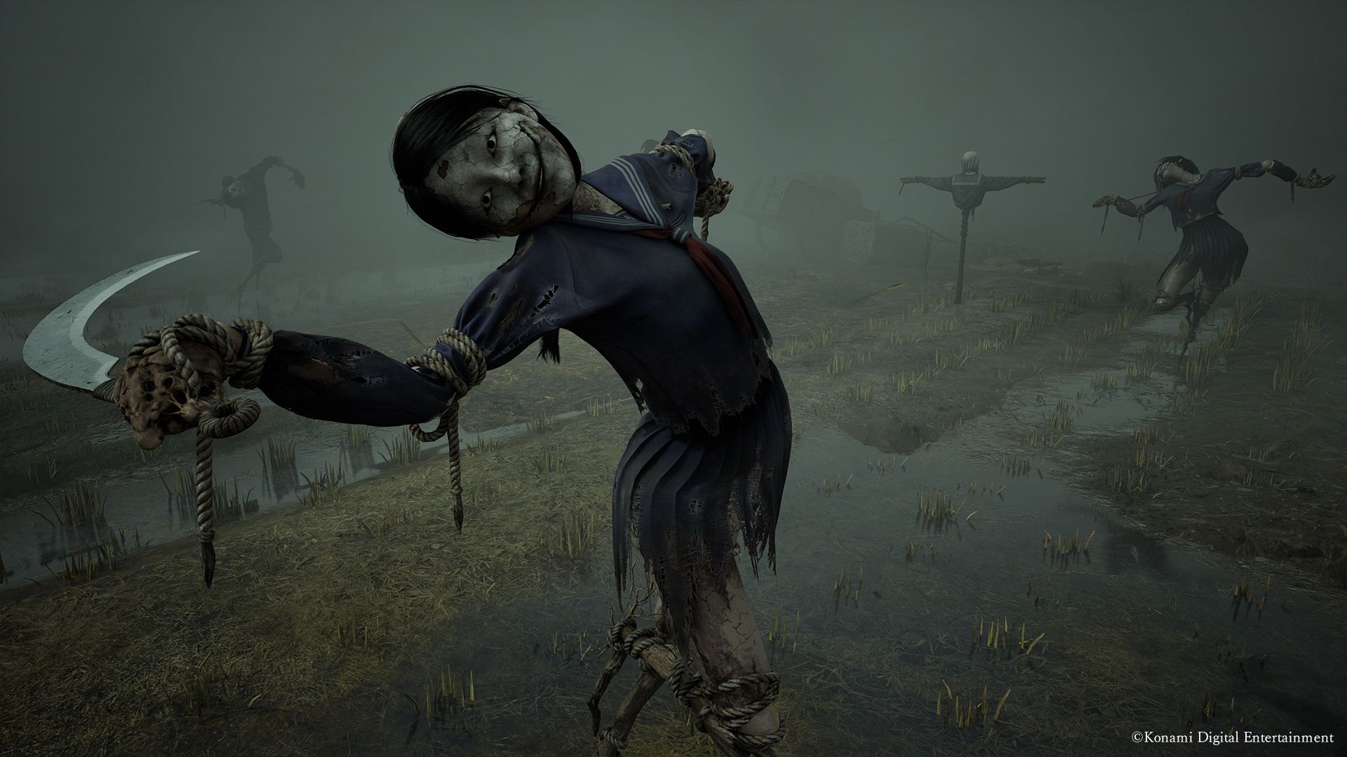 A smiling scarecrow student looks offscreen in a still from Silent Hill f