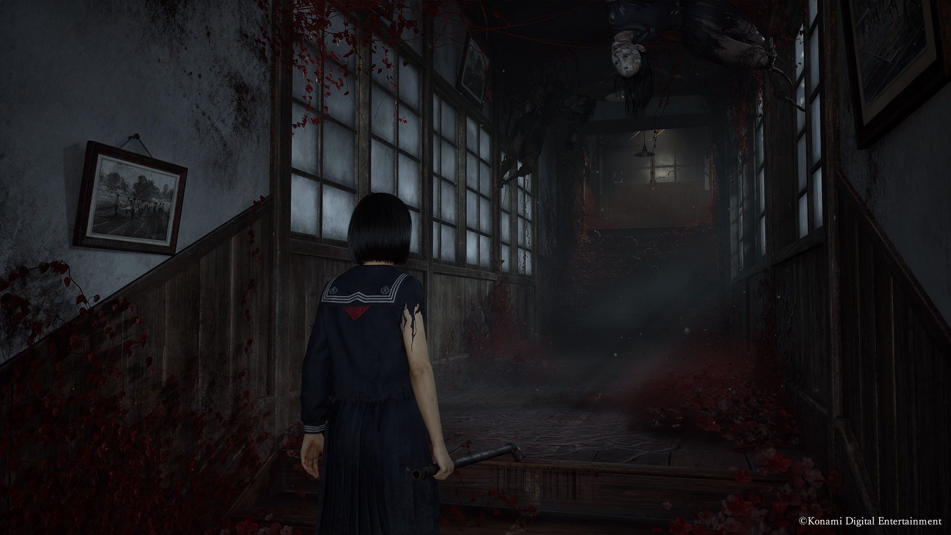 Hinako climbs a staircase, metal pipe in hand, in a screenshot from Silent Hill f