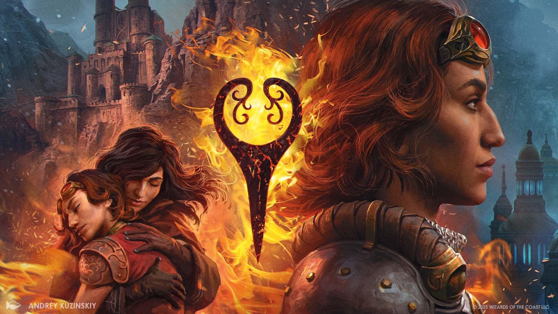 Art shows MTG characters walking away from evil magic.