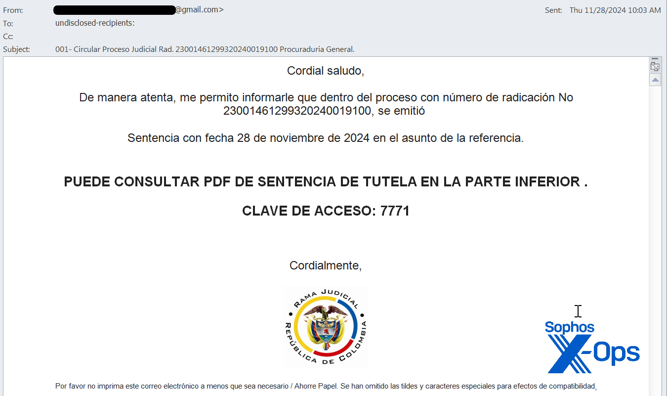 A phishing message purporting to be from a government office in Columbia, as described in text