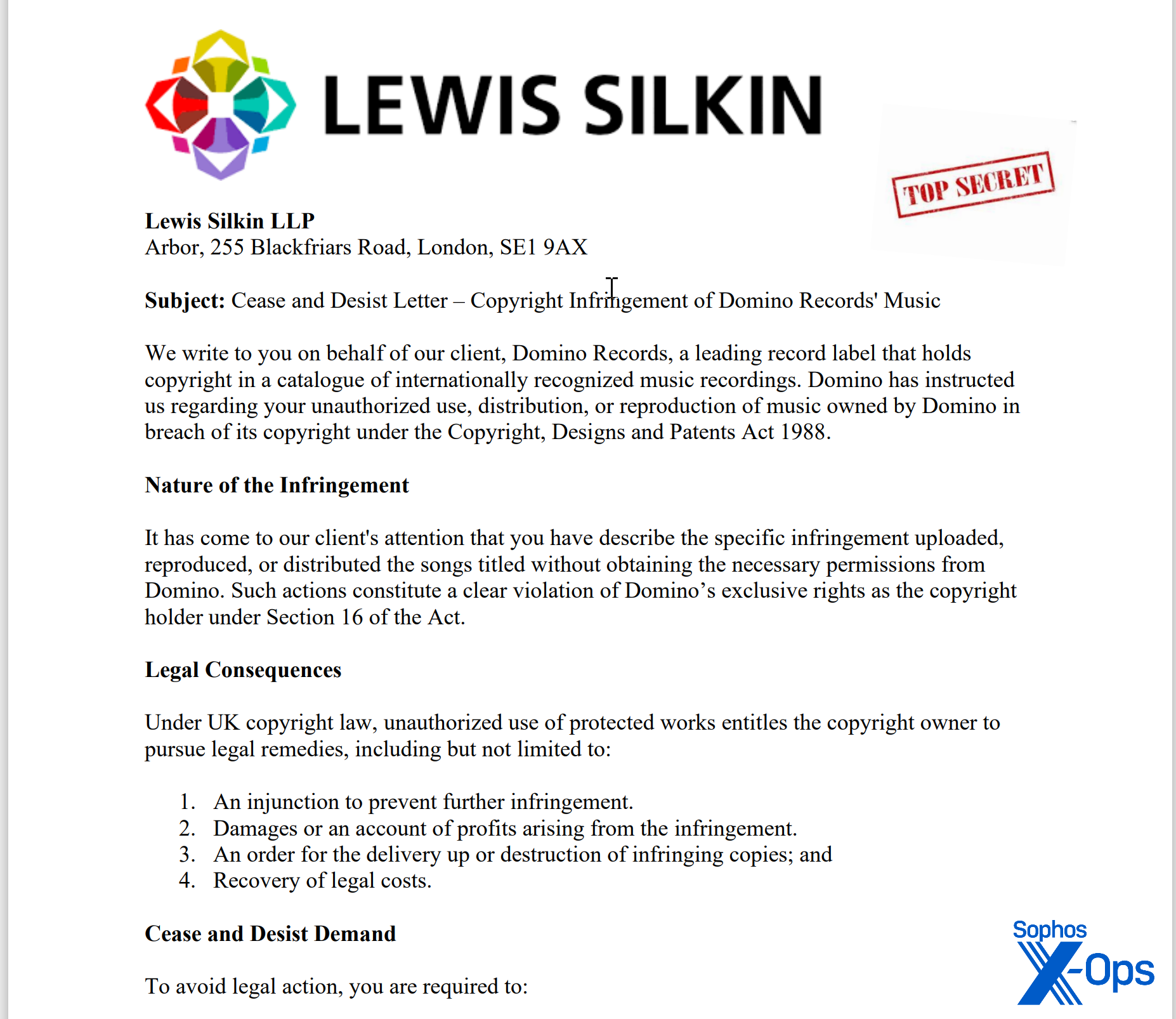 A phishing email, this time in English but once again claiming copyright infringement, as described in text