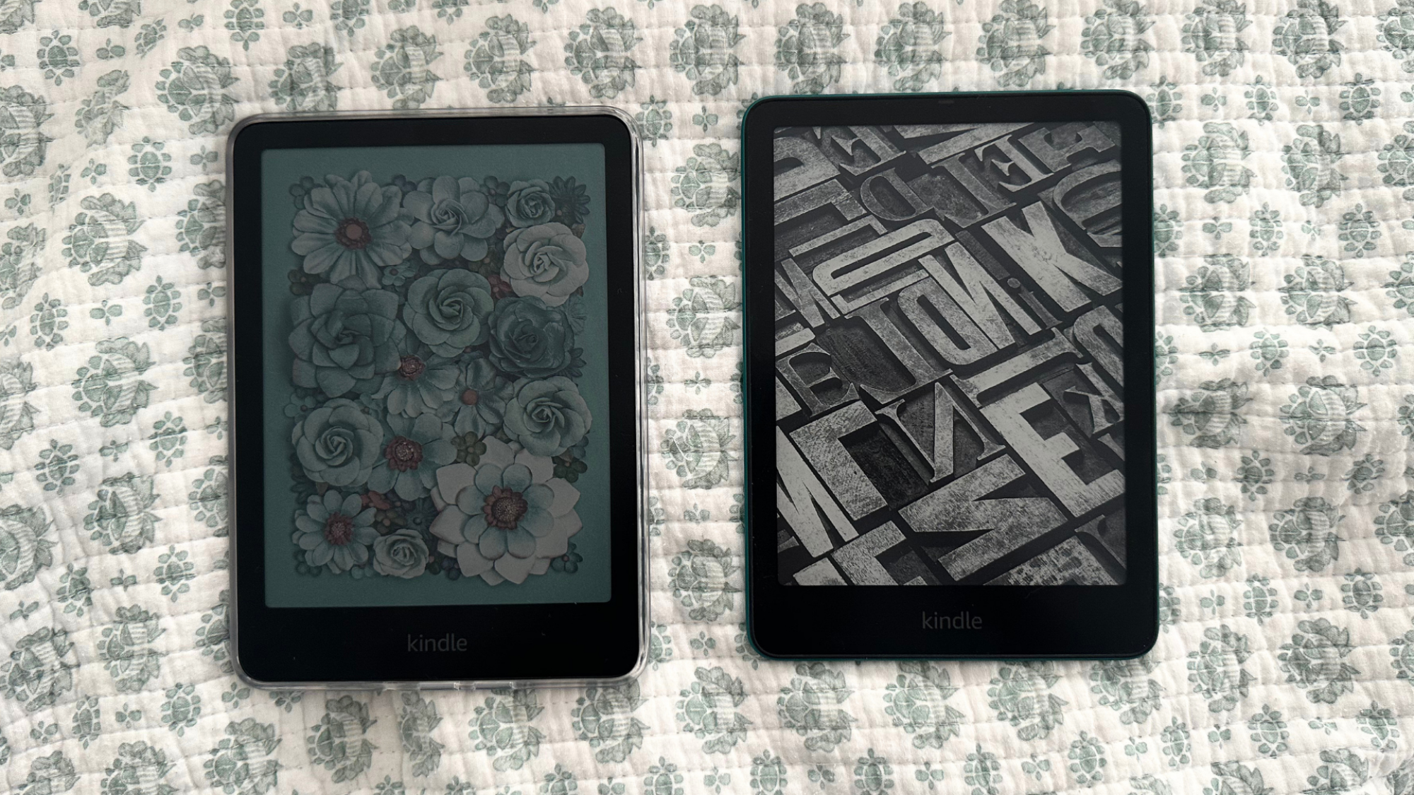 A Kindle Colorsoft on the left and a Kindle Paperwhite on the right.