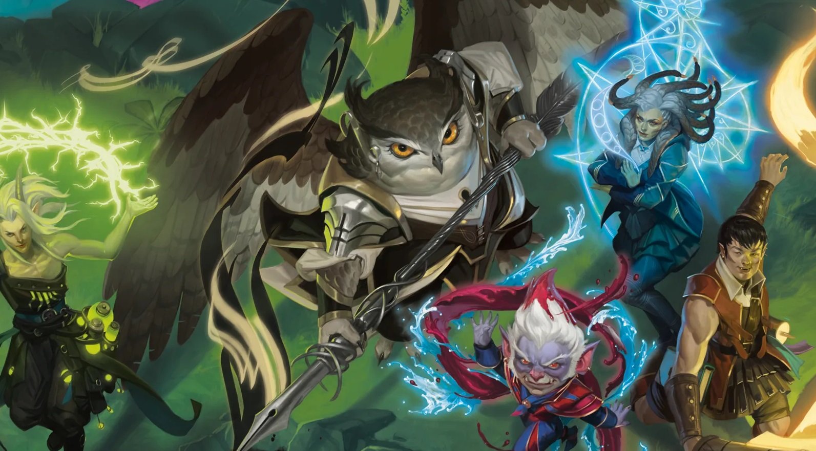 A magic owl flies through a vortex.