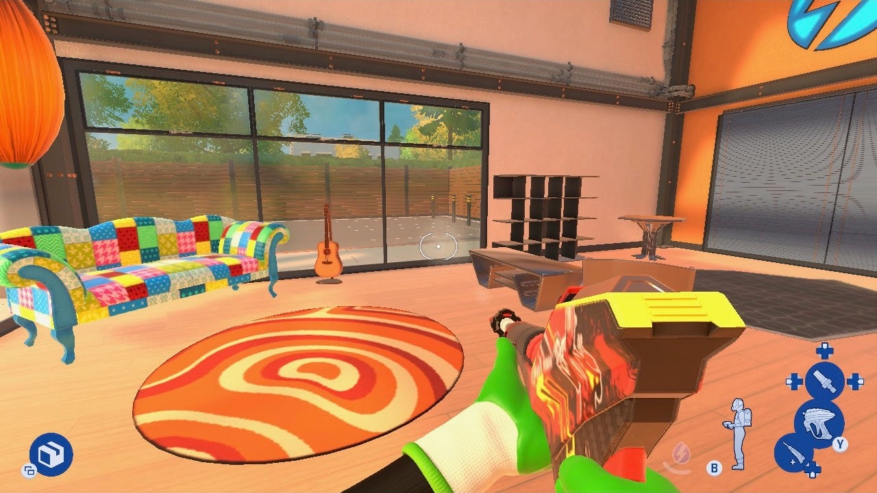 A living area with a swirly 60s circular rug and a colourful checked soaf by a window in PowerWash Simulator 2.