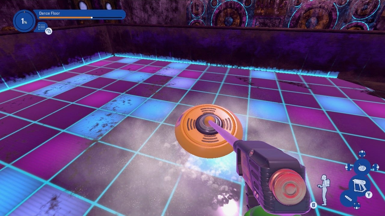 A player cleaning up a mucky light-up dancefloor grid in PowerWash Simulator 2