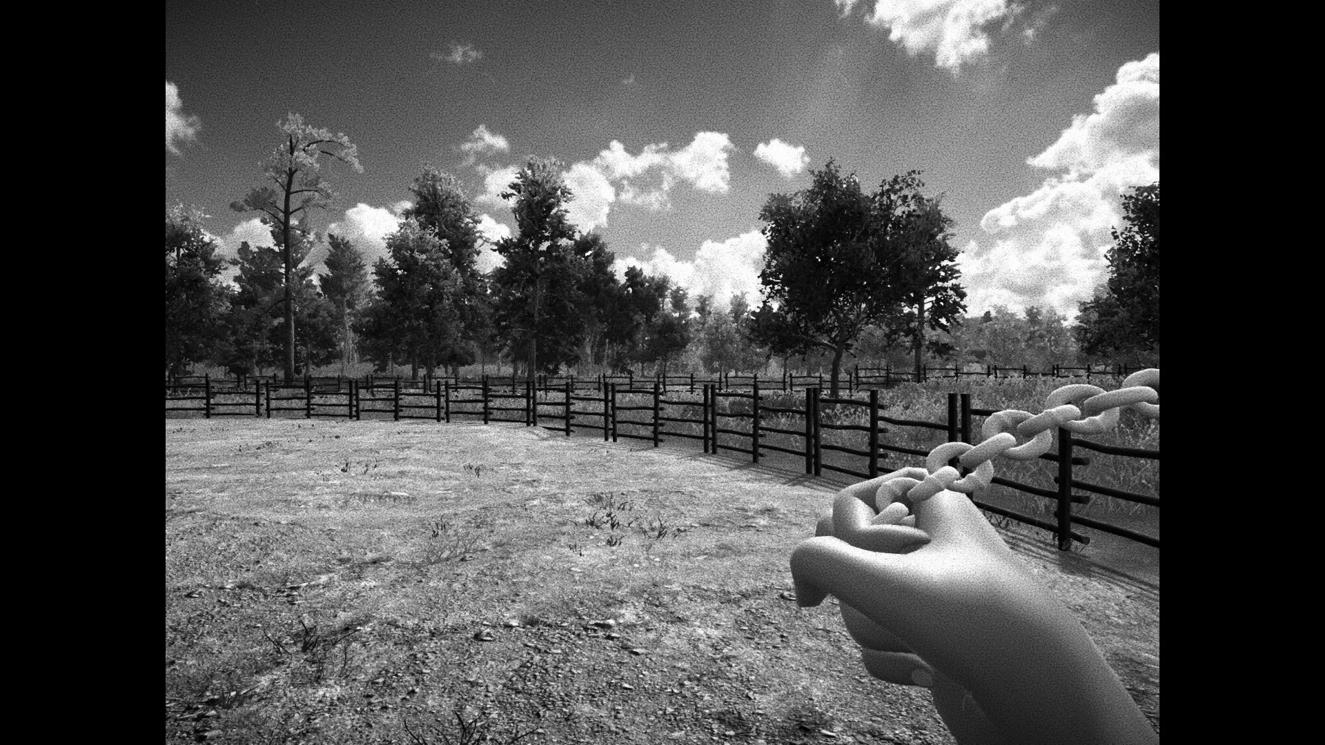 A first-person view of a fenced field with the player character's hand visible holding a chain attached to somebody offscreen, from the horror game Horses.