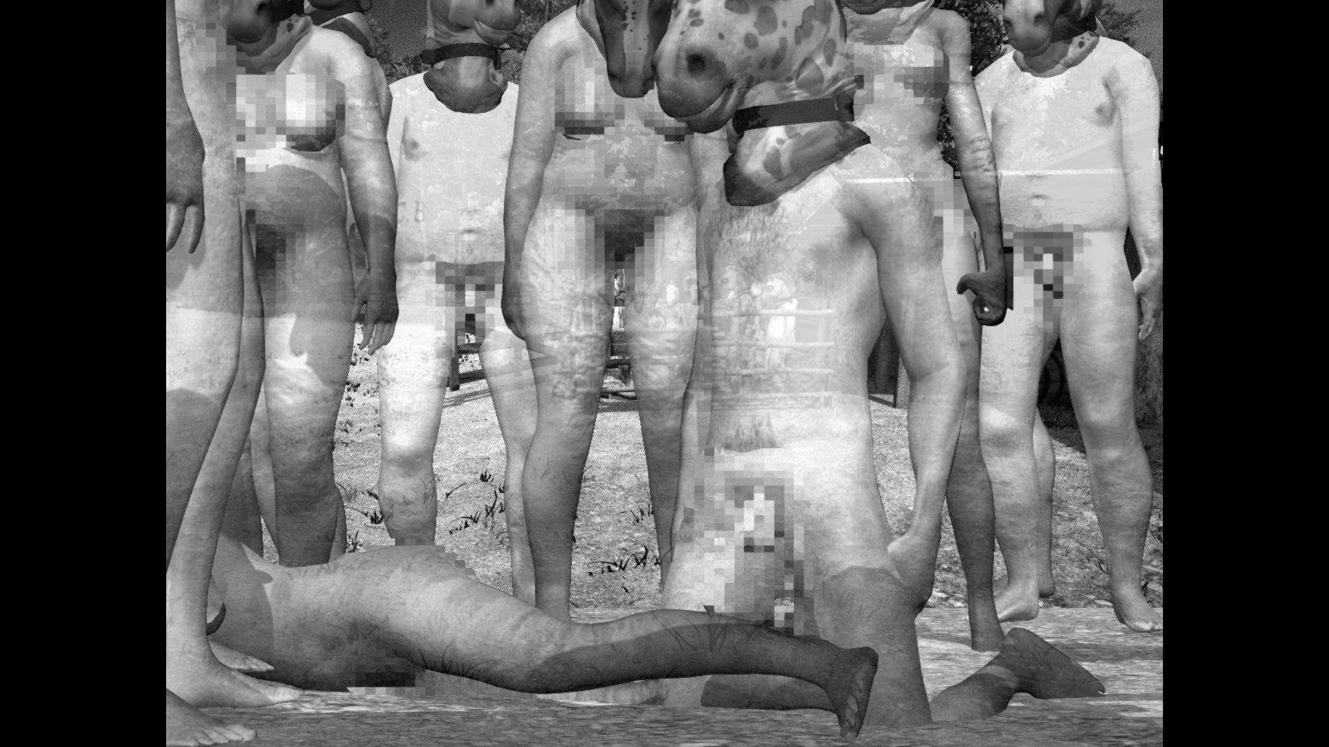 A see-through image of several naked people dressed in horse masks, standing around a fallen woman, from the horror game Horses.
