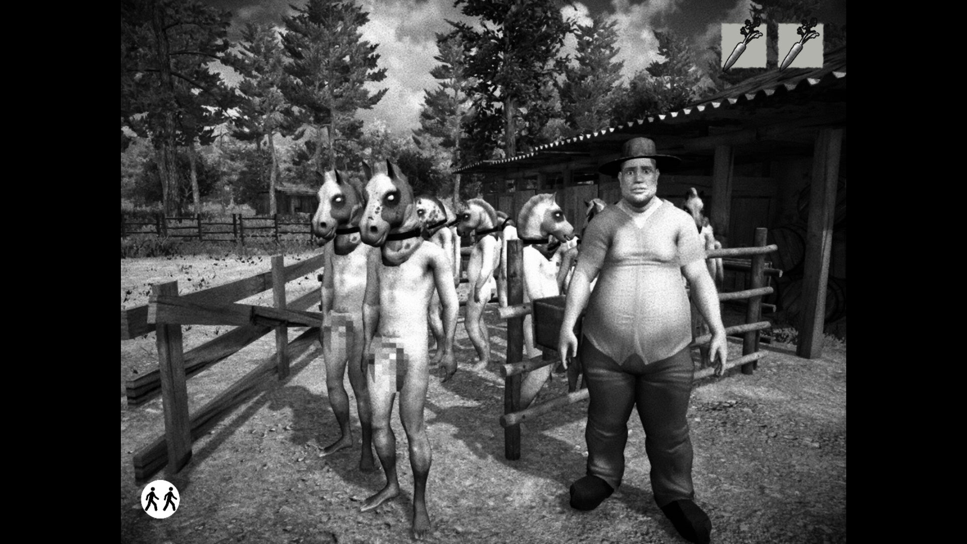 Naked human slaves wearing horse masks in a small paddock, with the rotund farmer standing nearby, from the black and white horror game Horses.