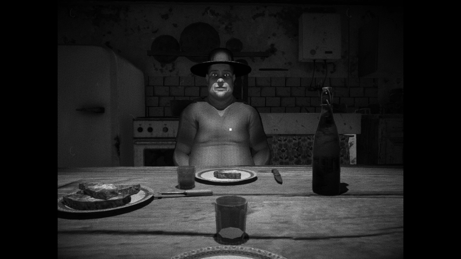 The Farmer from the videogame Horses, a large man in a hat sitting in shadow at the dining table, looking at you.