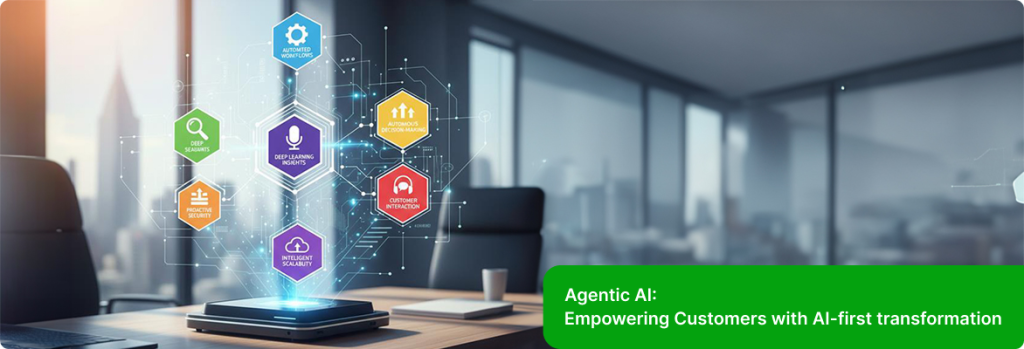 Agentic AI visual showing autonomous decision-making, deep learning, and intelligent scalability in an enterprise office setting.