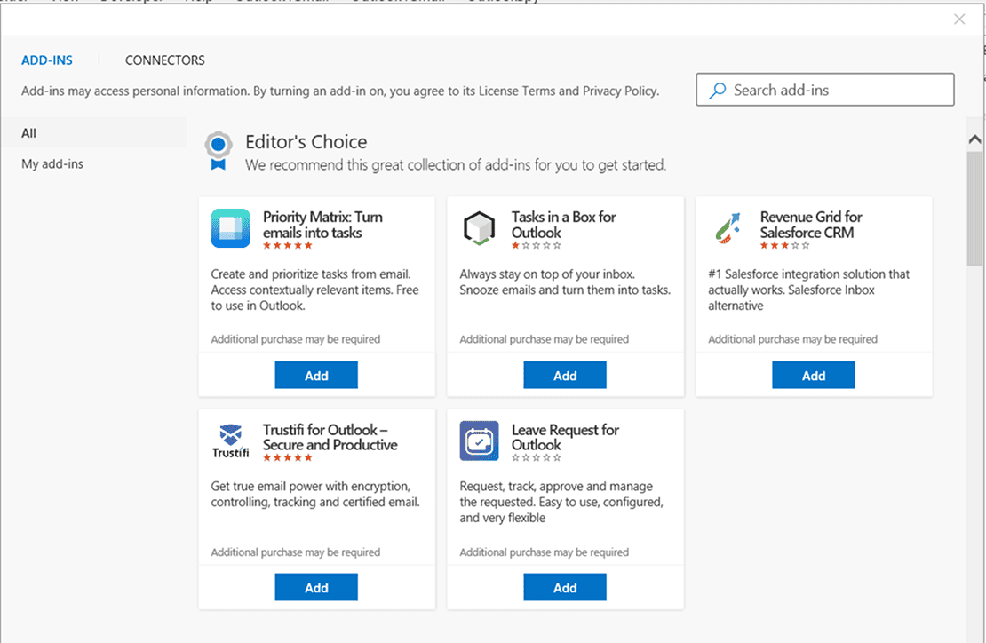 Outlook Add-ins Store with available add-ins