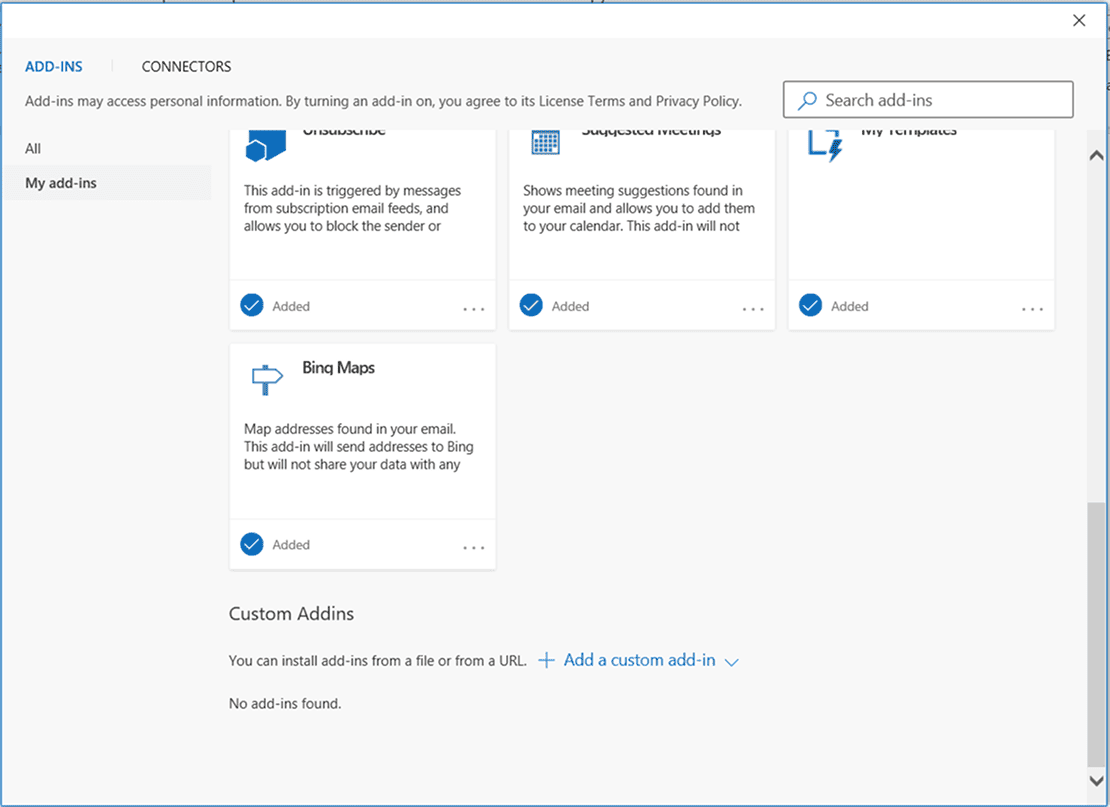 My add-ins section for adding custom add-ins