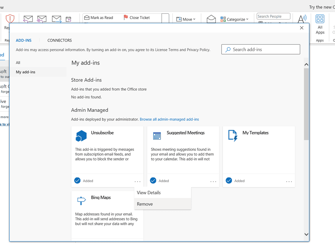 Viewing and removing add-ins in Outlook