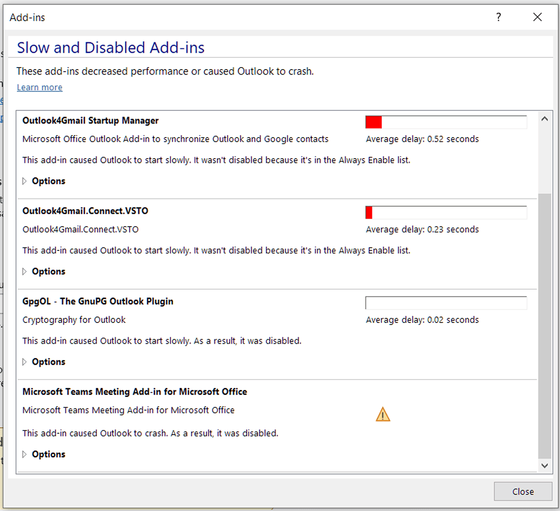 Add-ins that slow down Outlook or cause issues