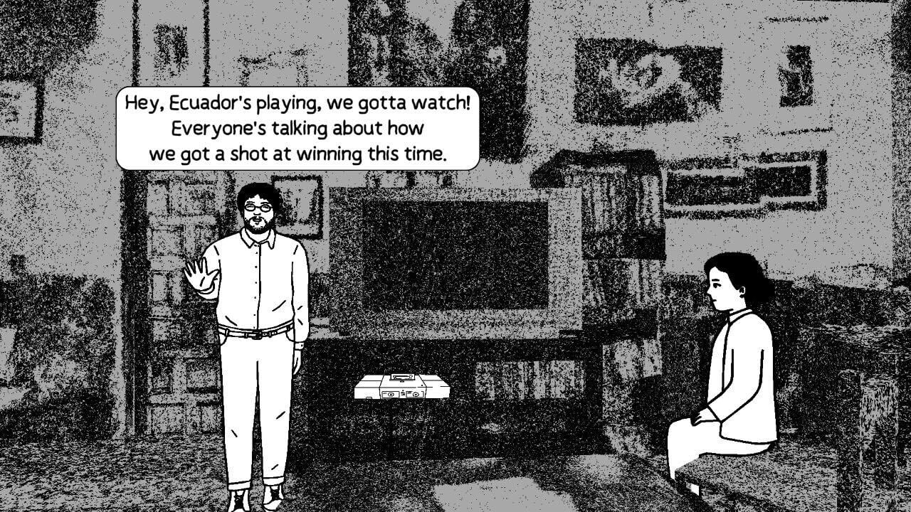 A person appears inside a living room. 