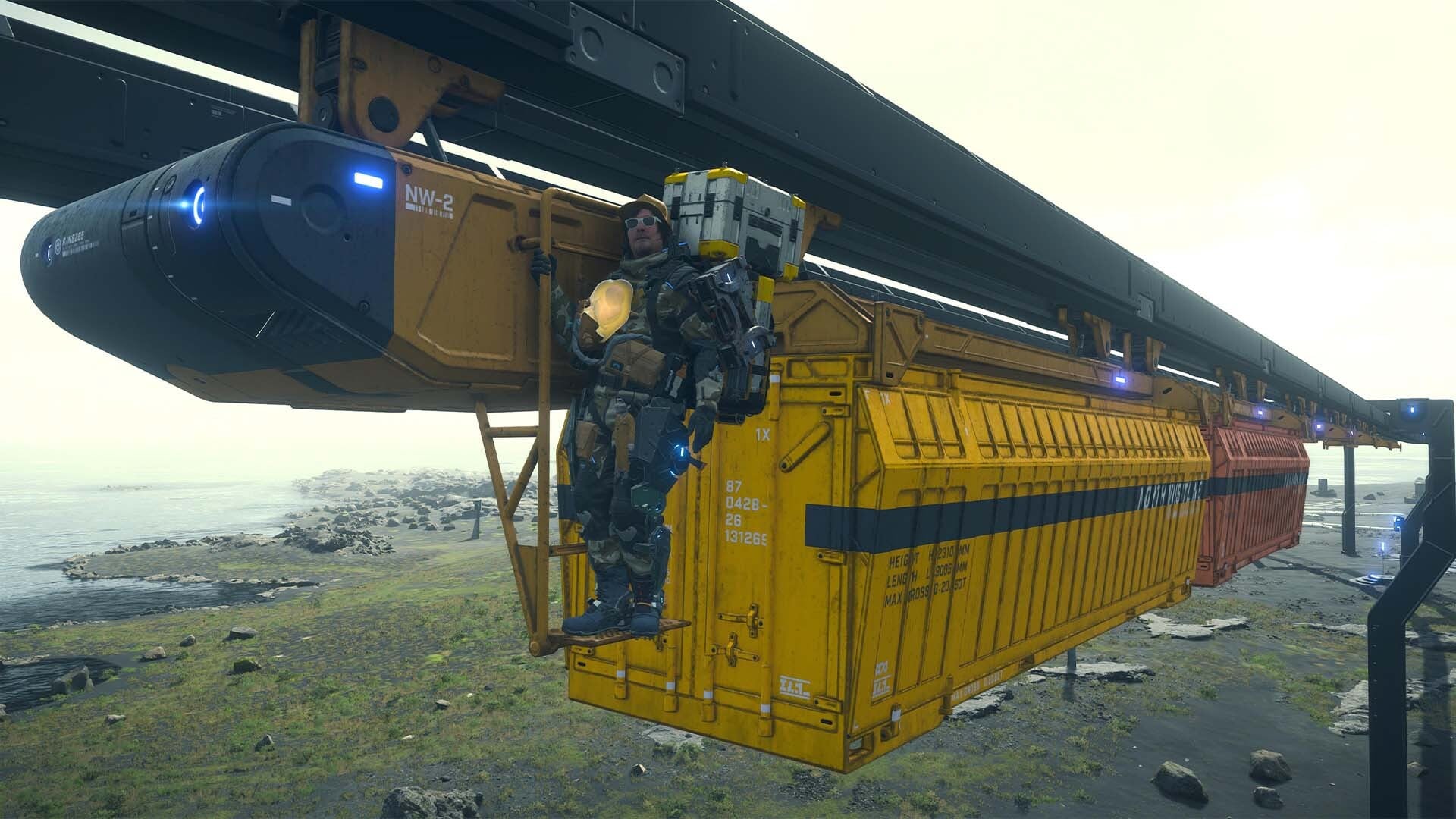 A delivery man hangs from scaffolding. 